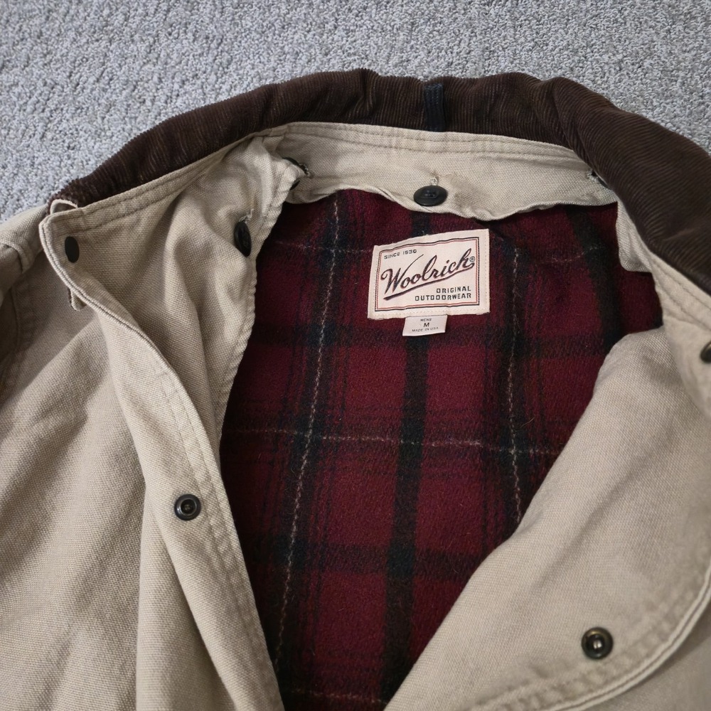VTG Woolrich Mens Field Barn Chore Coat Tan Canvas Shell Blanket Wool Lined M - Picture 5 of 9